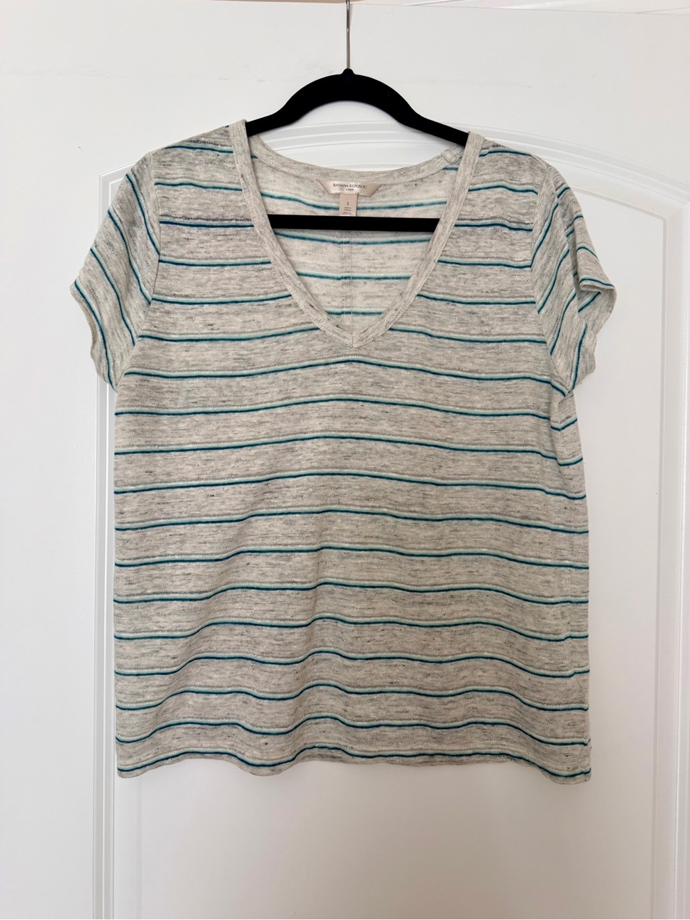 Banana republic Striped V-Neck Short Sleeve Tshirt in Heather Gray and Teal